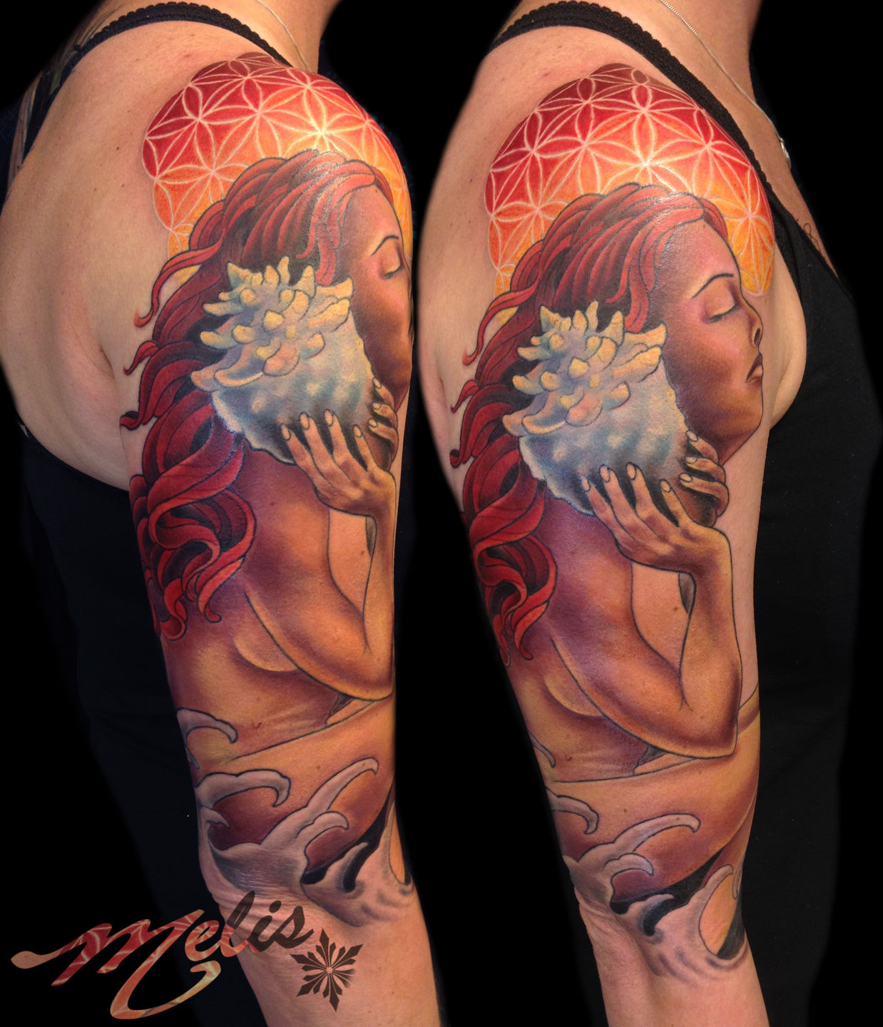 Melissa-fusco-tattoo-denver-colorado-conch-shell-figure-flower-of-life-tattoo-half-sleeve-jpg
