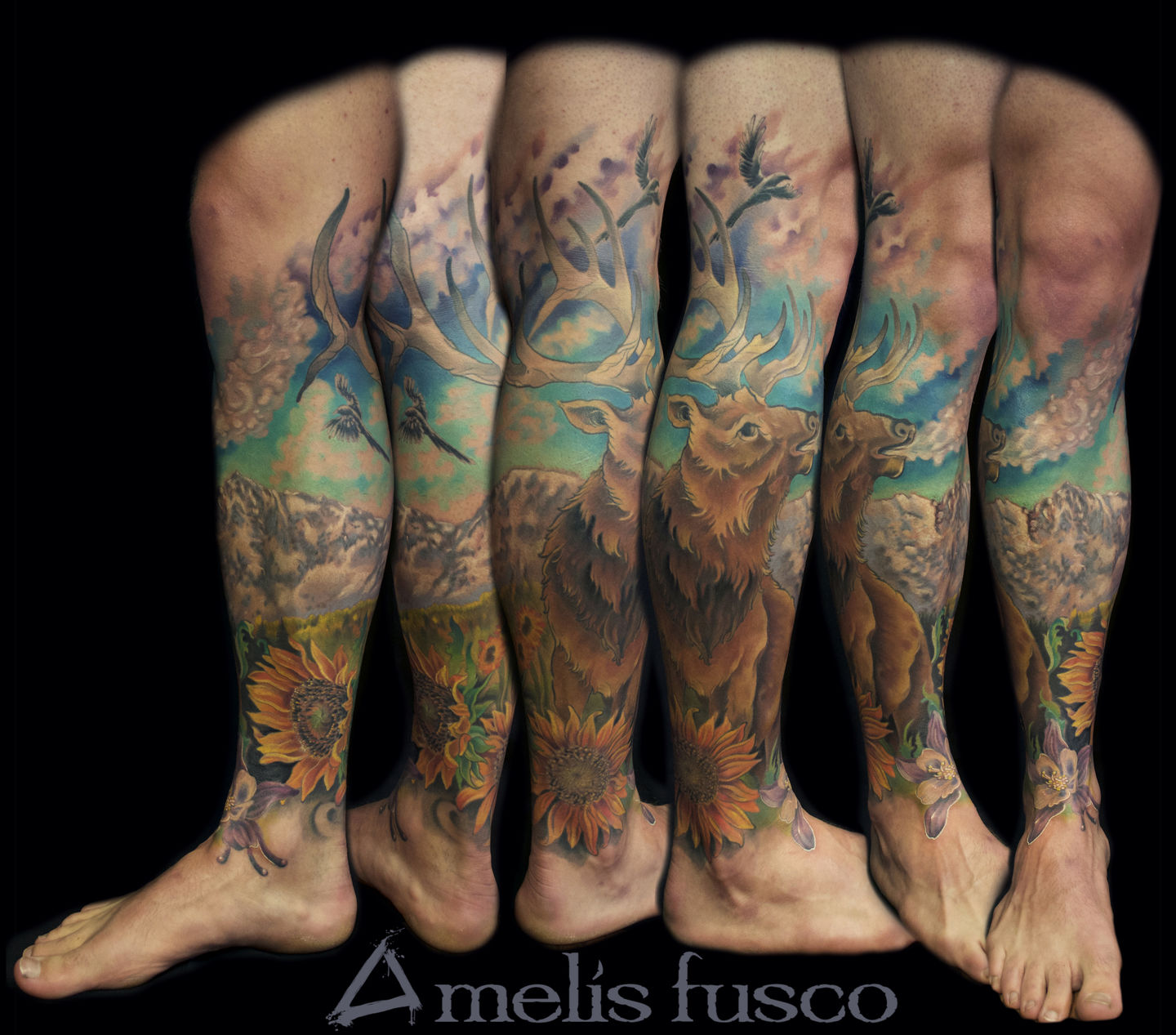 Melissa-fusco-tattoo-artist-elk-leg-sleeve-sunflower-gore-mountain-range-colorado-tattoo-artist-jpg