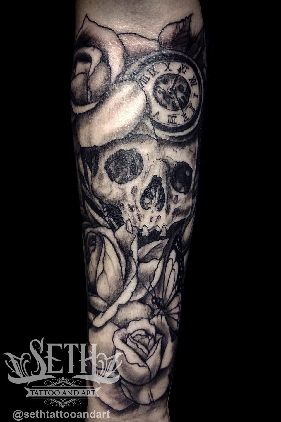 Skull_clock_tattoo_skull_roses_butterfly_rose_tattoo_skull_tattoo_seth_tattoo_and_art_seth_tattoo_seth_michael