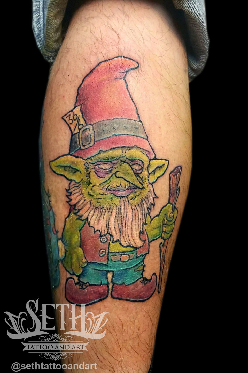 Knome_grumpy_tattoo_tattooed_tattoos_ink_inked_little_green_man_elf_dwarf_fantasy__newschool_new_school__garden_cartoon_rustic_woodland_seth_michael
