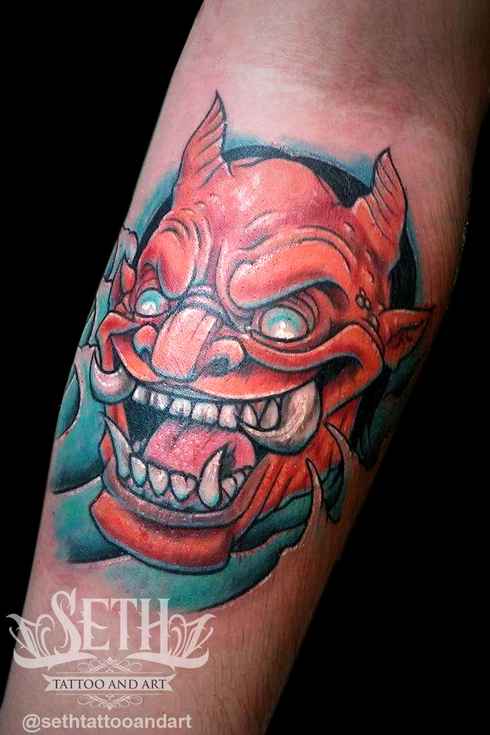 Japanese_demon_mask__tatto_tattoos_tattooed_ink_inked_newschool_new_school_cartoon_color_kabuki_demon_devil_seth_michael_tatted_asian_oriental_
