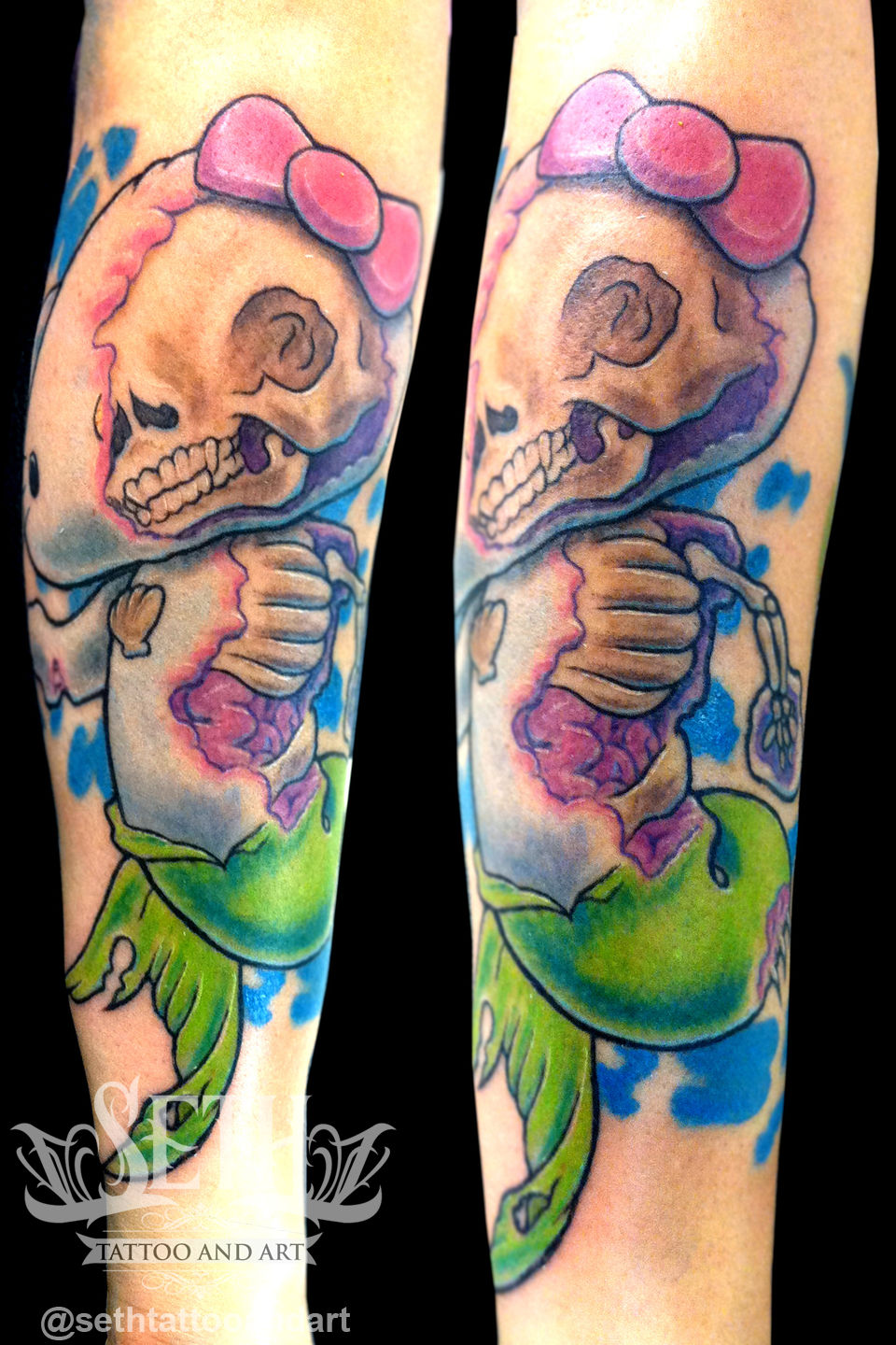 Hello_kittie_zombie_mermaid_tattoo_cartoon_newschool_new_school__tattoos_for_girls_tattoos_for_women__bow_tie_tail_fish_skull_water__tattooed_inked_tatted_inkedlife_seth_michael