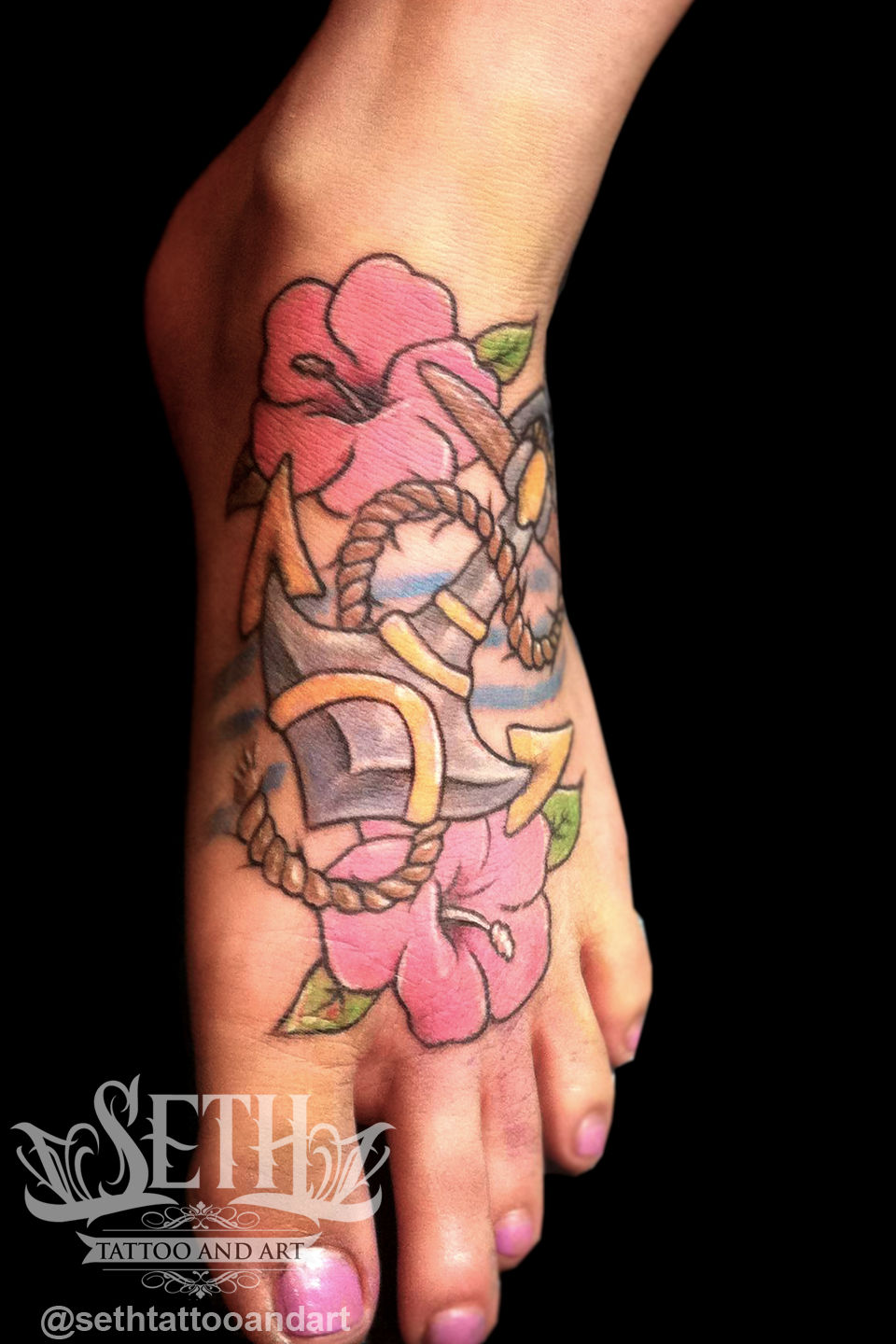 Anchor_and_hibiscus_tattoo__foot_tattoo_tattooed_tattoos_path_flowers_rope_anchor_steadfast_pretty_girly_girls_seth_michael_feet_ink_inked_color_tattoo