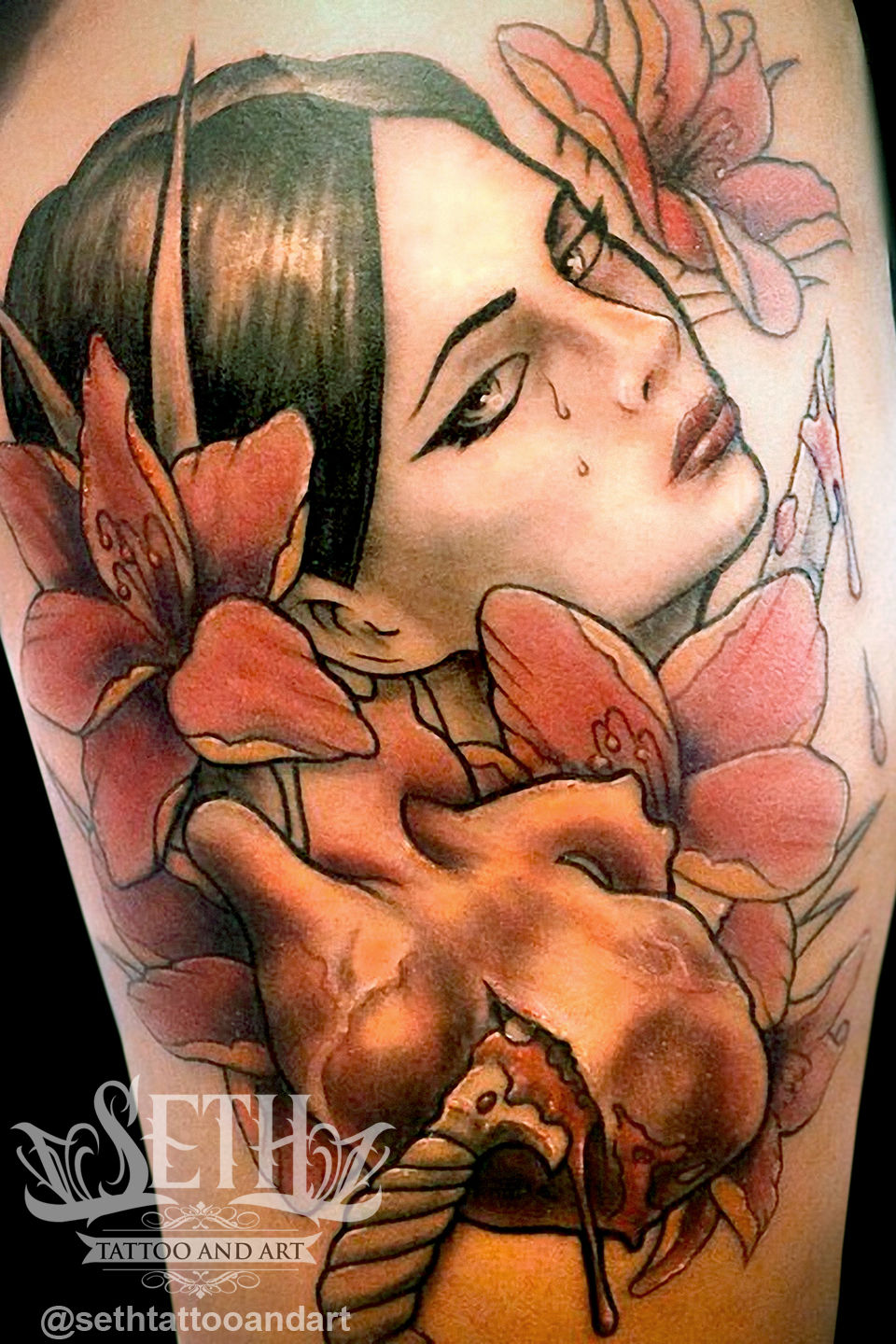 Amarillys_with_portrait_tattoo_tattoos_tattooed_ink_inked__female_portrait_flowers_knife_daggar_blood_girl_girly_feminine__seth_michael_tattoo_and_art__women_tattoos_for_girls_sexy_leg_tattoo