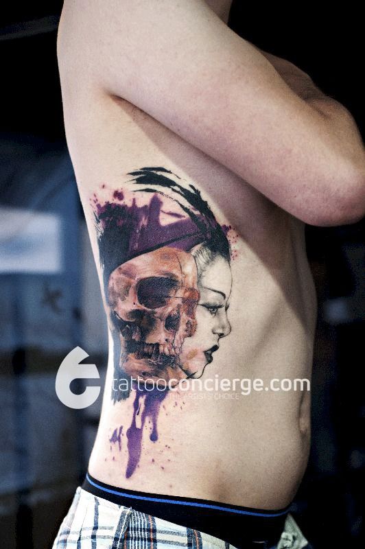 Double-take---human-skull-and-female-portrait-with-watercolor-splash---the-tattoo-concierge---global-platform