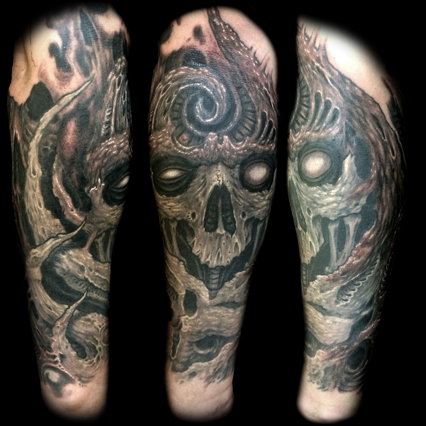 Las-vegas-tattoo-artist_joe-riley_biomech-skull-forearm-tattoos