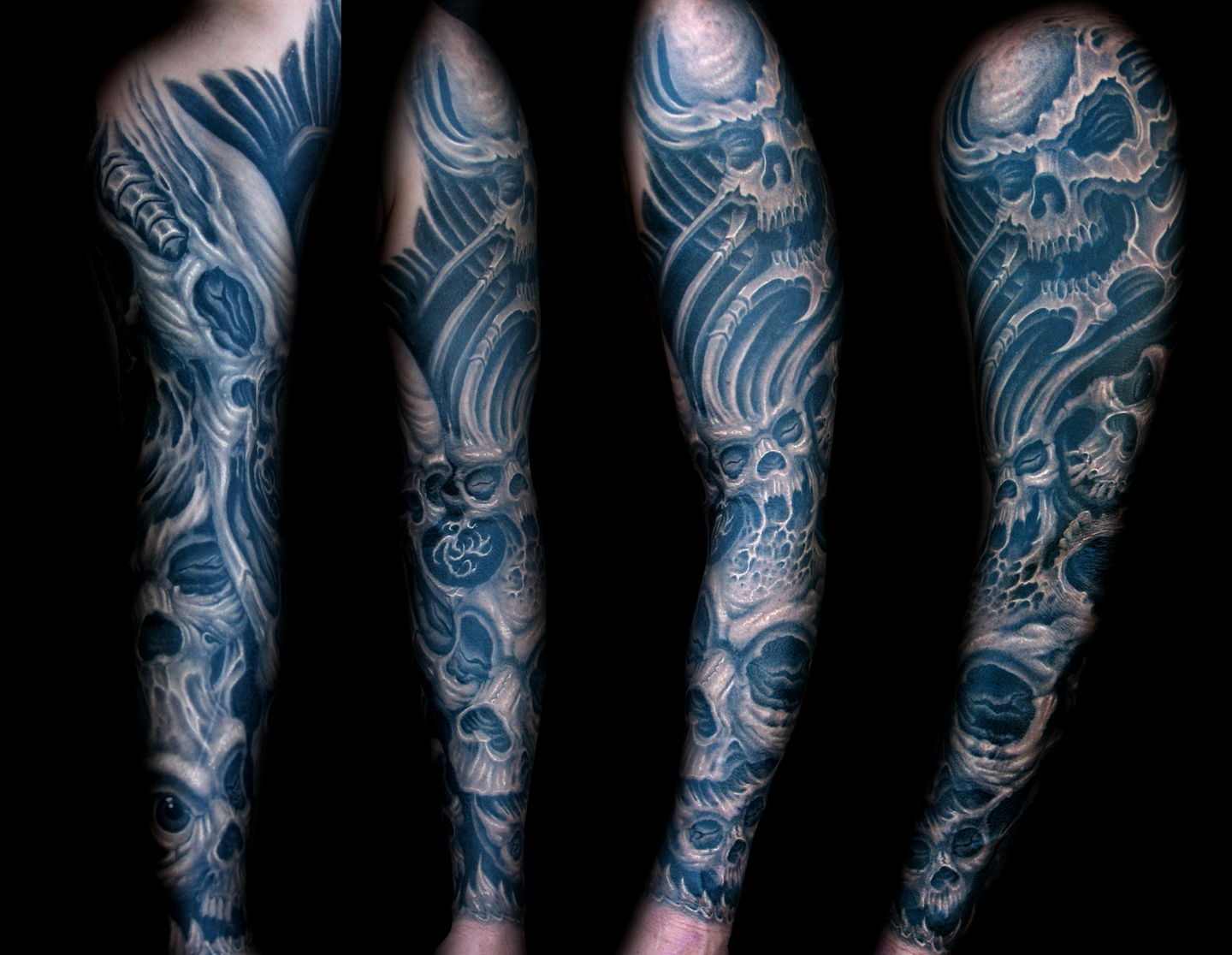 Las-vegas-tattoo-artist_joe-riley_biomech-skull-sleeve-tattoos