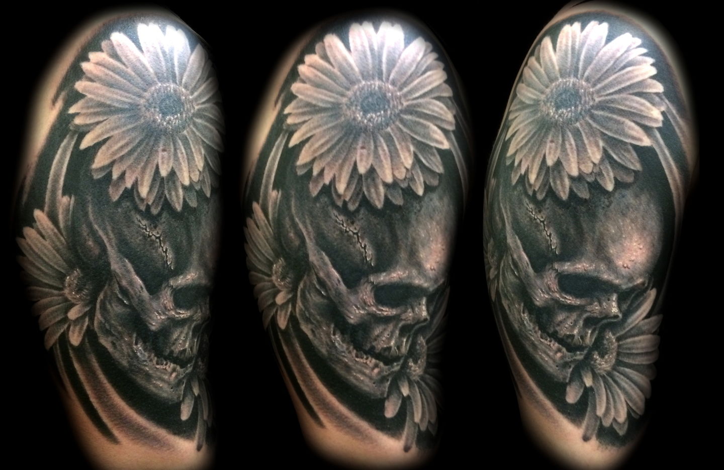 Las-vegas-tattoo-artist_joe-riley_skull-with-daisies-tattoo